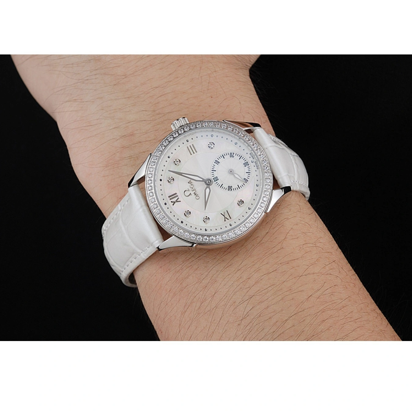 1013 Omega DeVille Prestige White Dial Silver Diamond Case White Leather Bracelet 1454119